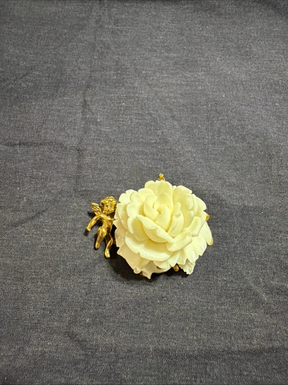 White Flower Brooch Pin w/ Gold Tone Angel Accent, Plastic/Metal, 2 in